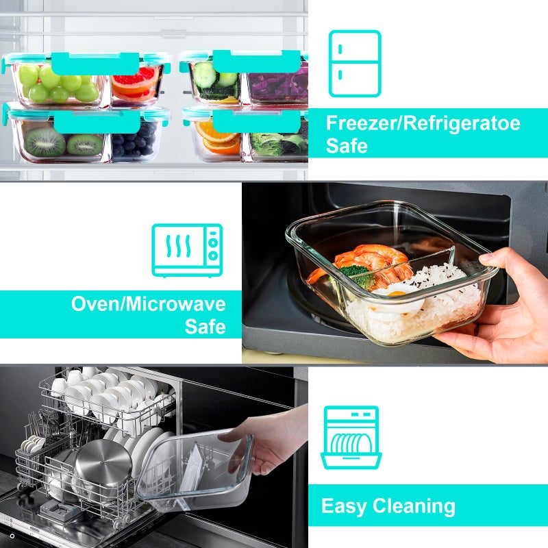 VERONES 5 Pack Glass Meal Prep Containers 2 Compartment Set  36OZ Airtight Glass Lunch Containers  Glass Food Storage Containers with Lids  for Microwave  Oven  Freezer & Dishwasher Friendly Green - Image 4