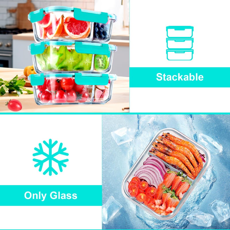 VERONES 5 Pack Glass Meal Prep Containers 2 Compartment Set  36OZ Airtight Glass Lunch Containers  Glass Food Storage Containers with Lids  for Microwave  Oven  Freezer & Dishwasher Friendly Green - Image 5