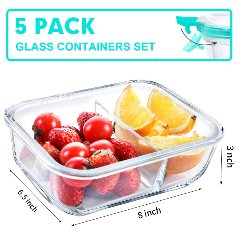 VERONES 5 Pack Glass Meal Prep Containers 2 Compartment Set  36OZ Airtight Glass Lunch Containers  Glass Food Storage Containers with Lids  for Microwave  Oven  Freezer & Dishwasher Friendly Green - Image 2