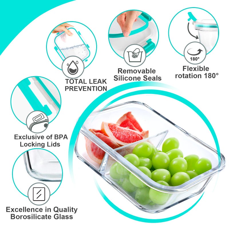 VERONES 5 Pack Glass Meal Prep Containers 2 Compartment Set  36OZ Airtight Glass Lunch Containers  Glass Food Storage Containers with Lids  for Microwave  Oven  Freezer & Dishwasher Friendly Green - Image 3