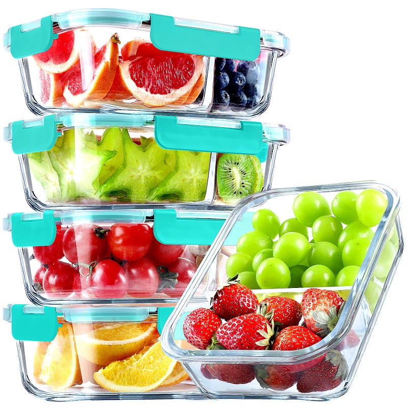 VERONES 5 Pack Glass Meal Prep Containers 2 Compartment Set  36OZ Airtight Glass Lunch Containers  Glass Food Storage Containers with Lids  for Microwave  Oven  Freezer & Dishwasher Friendly Green - Image 1