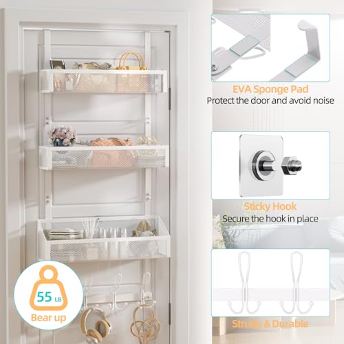 Upesitom Over Door Hook Organizer 12 Hook Over The Door Organizer with 3 Mesh Baskets - Back of Door Storage Towel Rack Space Saving Storage Organizer for Bedroom, Bathroom, Kitchen, Pantry, White - Image 3