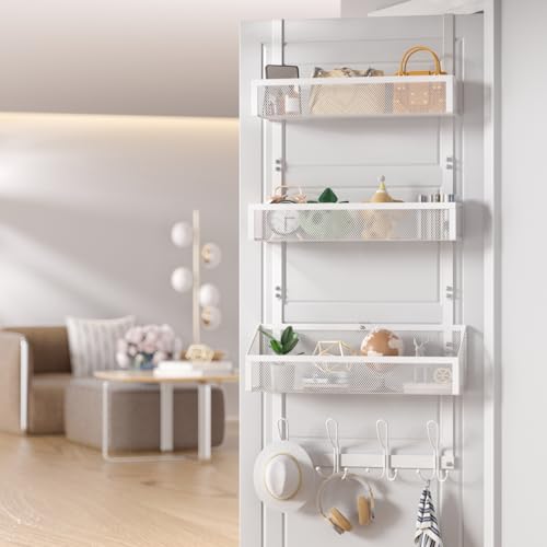 Upesitom Over Door Hook Organizer 12 Hook Over The Door Organizer with 3 Mesh Baskets - Back of Door Storage Towel Rack Space Saving Storage Organizer for Bedroom, Bathroom, Kitchen, Pantry, White - Image 4