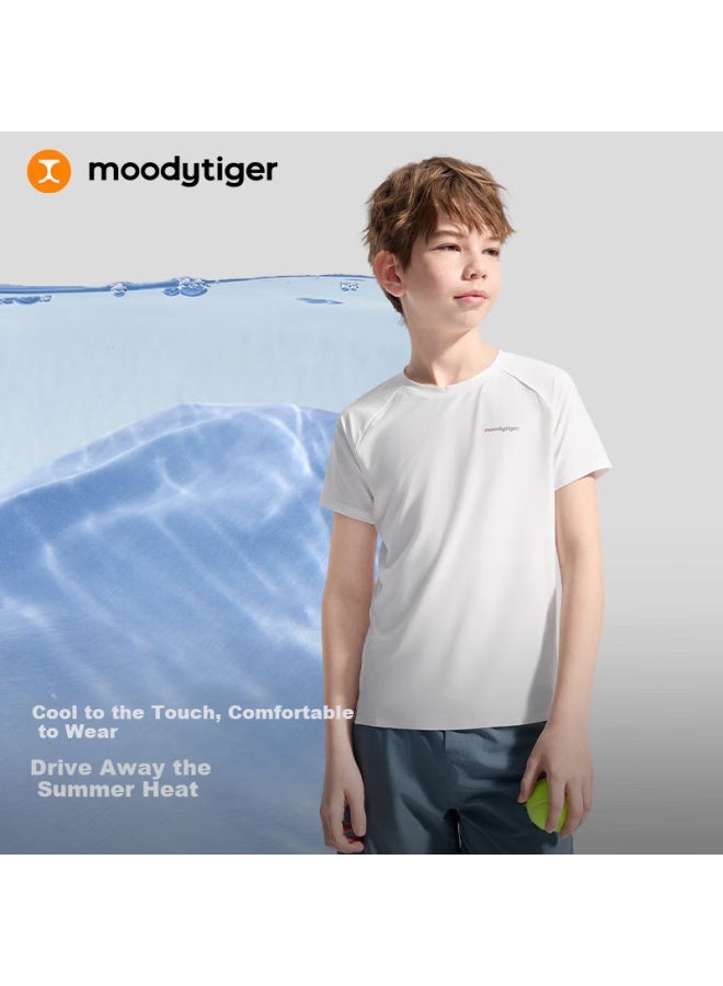 Moodytiger Boys' Short Sleeve T-shirt Lightweight Cool Summer Kids Sportswear Round Neck Comfortable Elastic Simple All-match T-shirt - Image 1