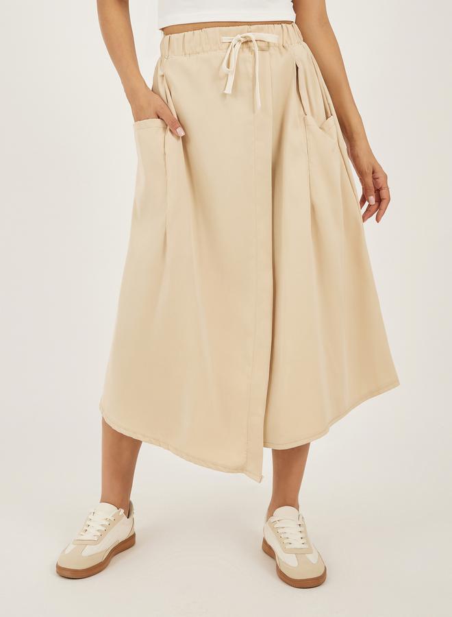 Solid Drawstring Waist A-Line Midi Skirt with Pockets