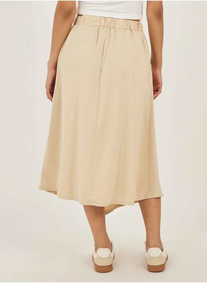 Styli Solid Drawstring Waist A-Line Midi Skirt with Pockets