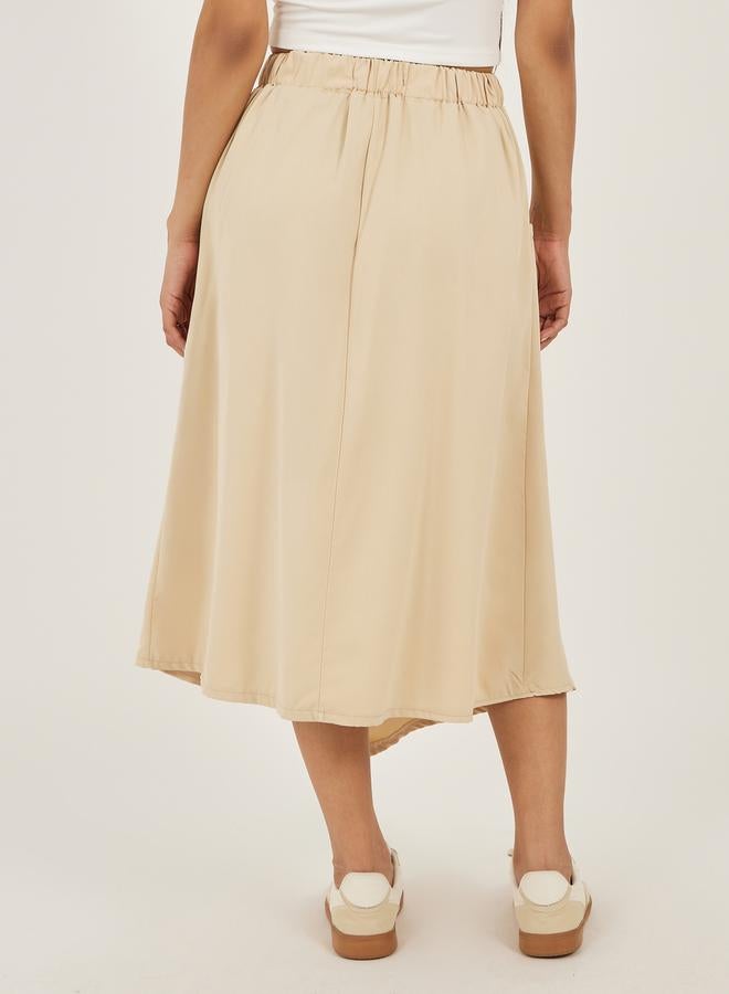 Solid Drawstring Waist A-Line Midi Skirt with Pockets