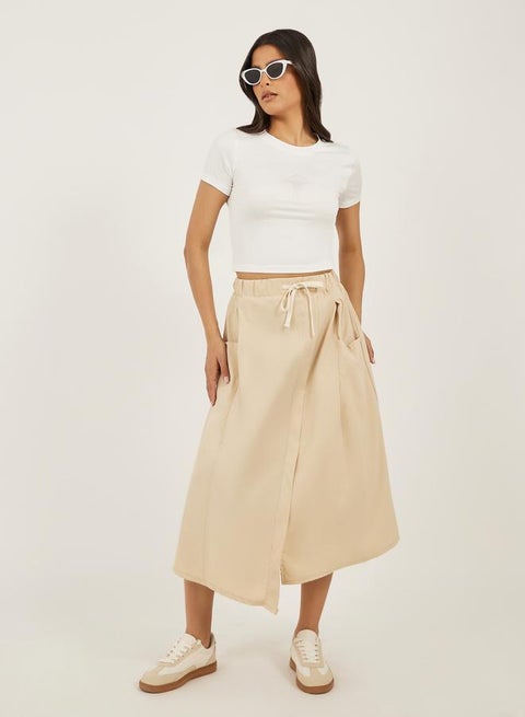 Solid Drawstring Waist A-Line Midi Skirt with Pockets