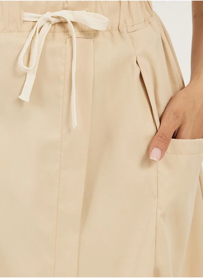 Styli Solid Drawstring Waist A-Line Midi Skirt with Pockets