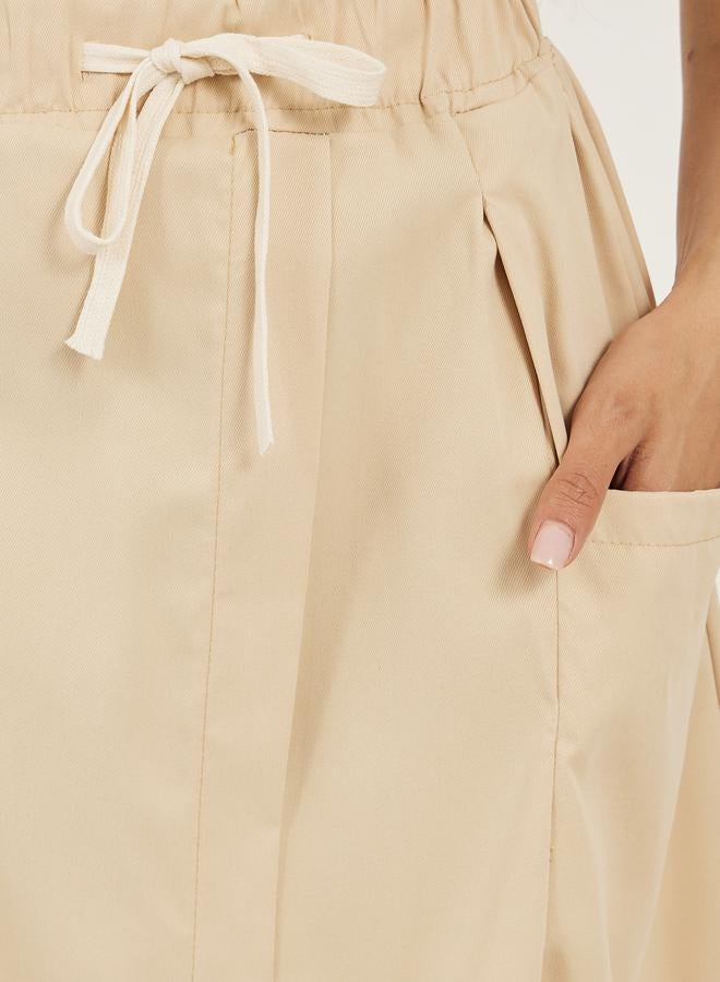 Solid Drawstring Waist A-Line Midi Skirt with Pockets