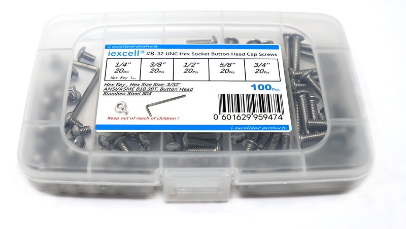 iexcell 100 Pcs #8-32 x 1/4", 3/8", 1/2", 5/8", 3/4" Stainless Steel 304 Hex Socket Button Head Cap Screws Bolts Assortment Kit - Image 1