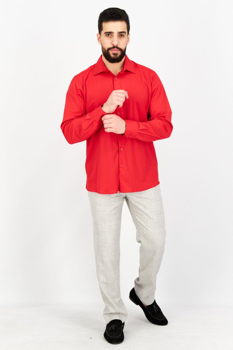 Tailored Recreation Men Slim Fit Solid Long Sleeves Casual Shirt, Red - Image 3