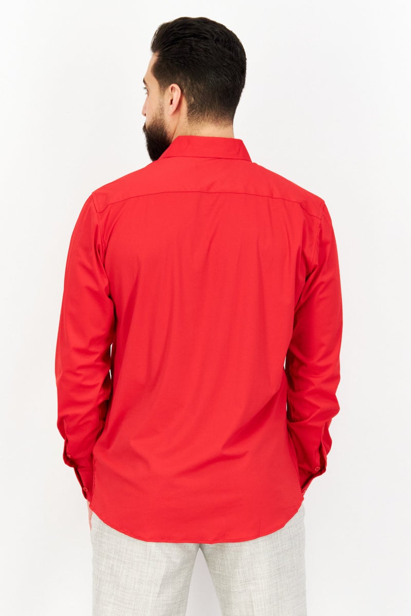 Tailored Recreation Men Slim Fit Solid Long Sleeves Casual Shirt, Red - Image 4
