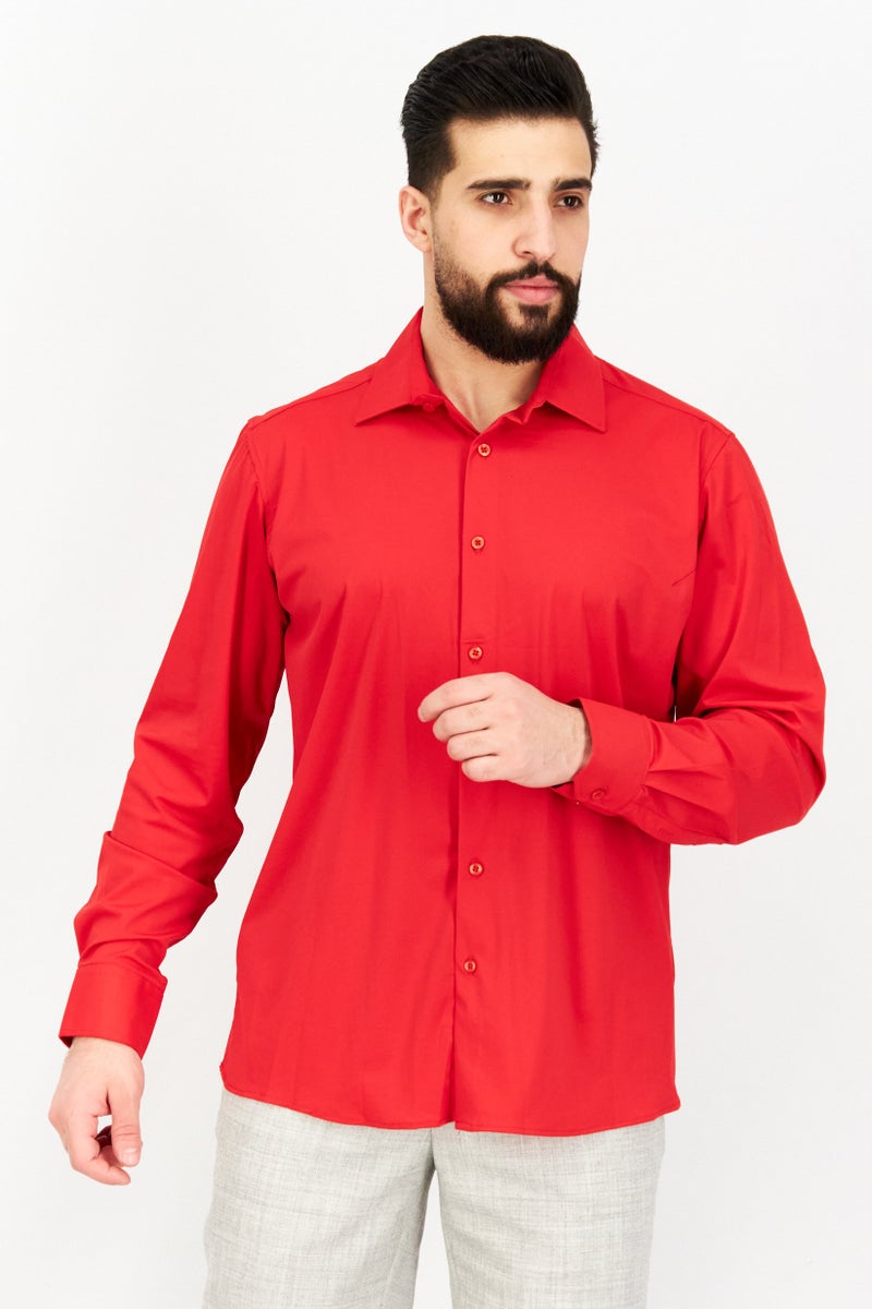 Tailored Recreation Men Slim Fit Solid Long Sleeves Casual Shirt, Red - Image 1