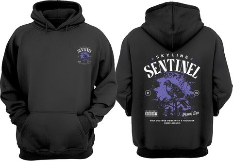 Unisex Skyline Sentinel Design Front Back Printed Regular Fit Black Sweatshirt