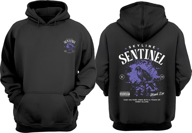 Unisex Skyline Sentinel Design Front Back Printed Regular Fit Black Sweatshirt
