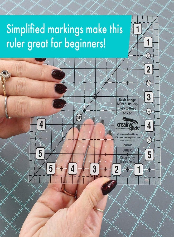 كريتيف جريدز مسطرة لحاف مربعة أساسية من Creative Grids مقاس 6 × 6 بوصة - CGRBR2 - صنع في الولايات المتحدة الأمريكية، مصنوعة من الأكريليك بمقبض مانع للانزلاق، مناسبة للخياطة والحرف اليدوية والترقيع، لقياس وقطع القماش - Image 2