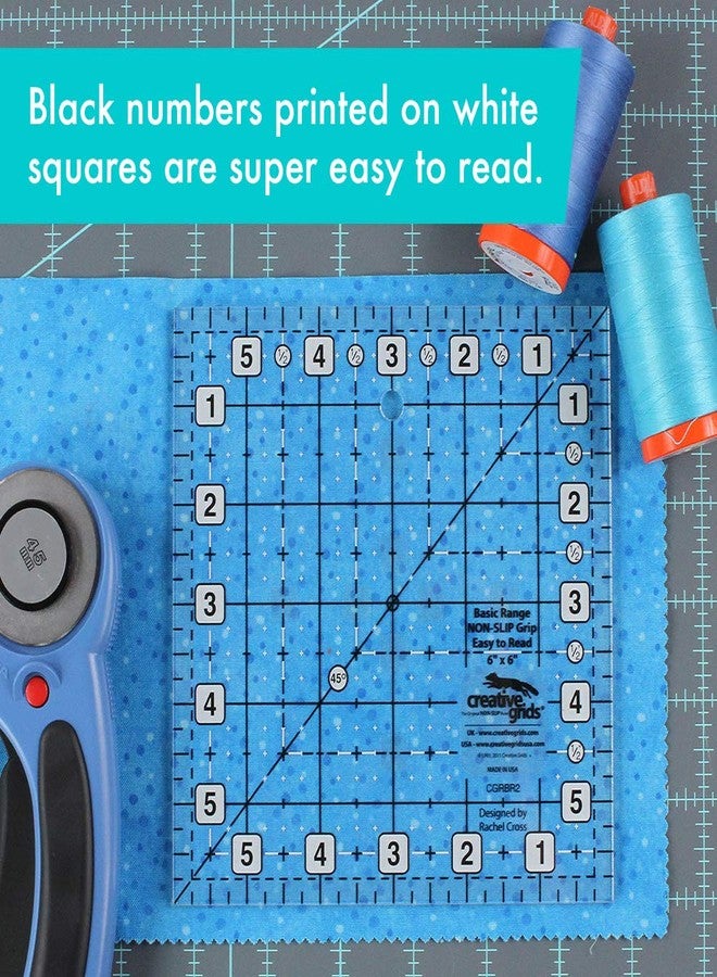 كريتيف جريدز مسطرة لحاف مربعة أساسية من Creative Grids مقاس 6 × 6 بوصة - CGRBR2 - صنع في الولايات المتحدة الأمريكية، مصنوعة من الأكريليك بمقبض مانع للانزلاق، مناسبة للخياطة والحرف اليدوية والترقيع، لقياس وقطع القماش - Image 3
