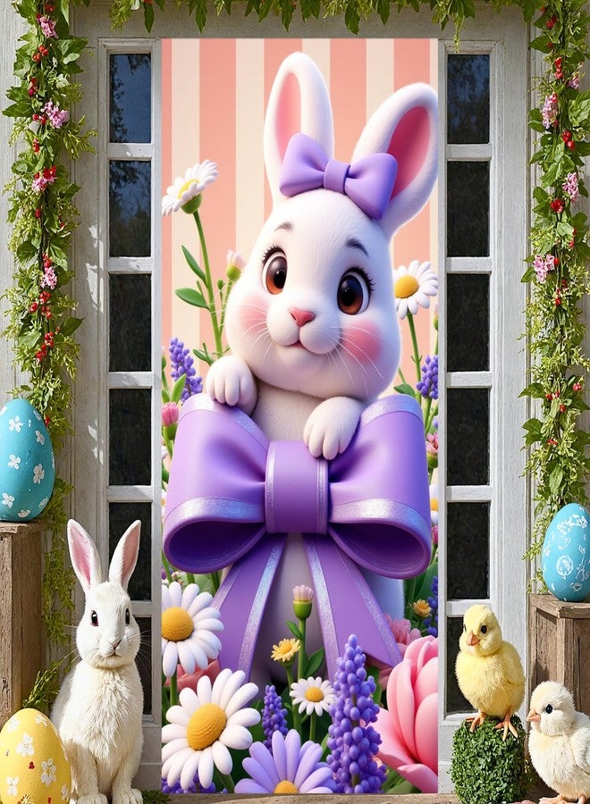 Woosytoo Purple Bow Easter Bunny Door Cover 71x35 Inch Spring Easter Door Banner Cute Rabbit Porch Banner for Front Door Wall Indoor Outdoor Hanging Decorations - Image 3