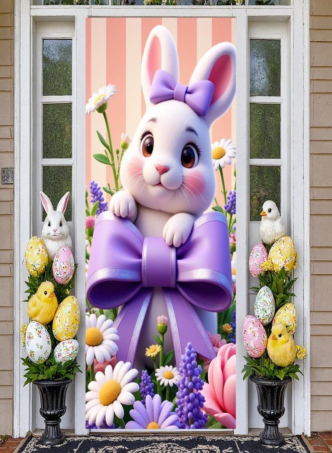 Woosytoo Purple Bow Easter Bunny Door Cover 71x35 Inch Spring Easter Door Banner Cute Rabbit Porch Banner for Front Door Wall Indoor Outdoor Hanging Decorations - Image 1