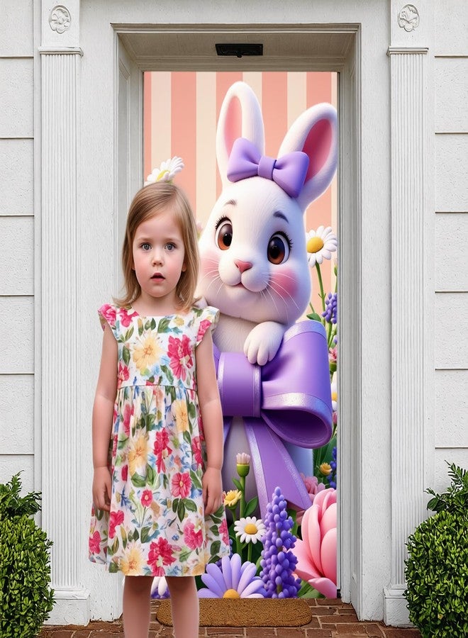 Woosytoo Purple Bow Easter Bunny Door Cover 71x35 Inch Spring Easter Door Banner Cute Rabbit Porch Banner for Front Door Wall Indoor Outdoor Hanging Decorations - Image 4