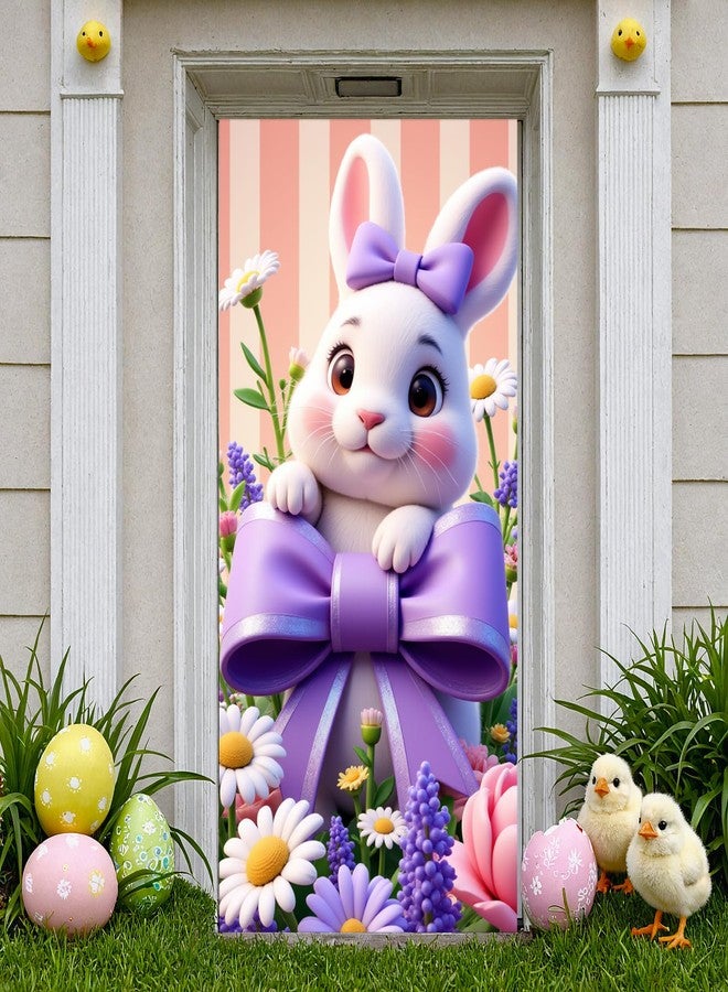 Woosytoo Purple Bow Easter Bunny Door Cover 71x35 Inch Spring Easter Door Banner Cute Rabbit Porch Banner for Front Door Wall Indoor Outdoor Hanging Decorations - Image 2