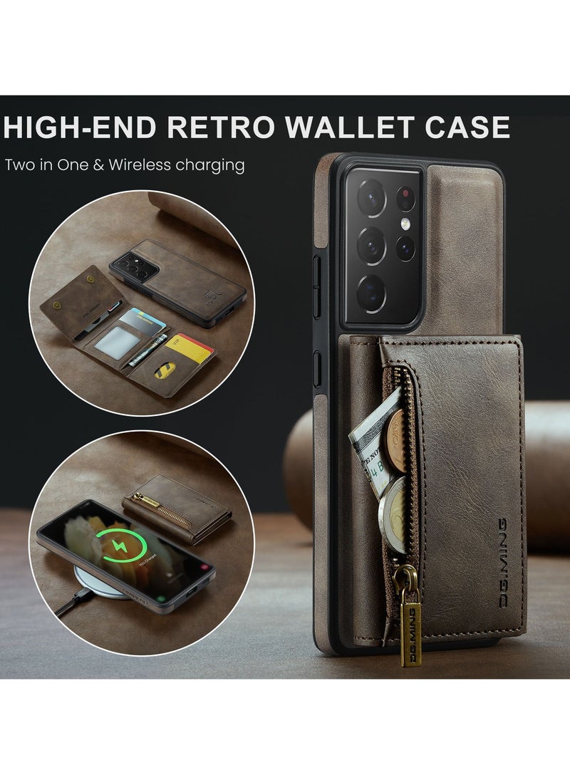 Dg Ming Samsung Galaxy S21  Ultra 2 in 1 Clutch Wallet, Vintage Slim Leather Case Magnetic Detachable Tri-Fold Wallet,  Leather Case with Card Holder Pocket Slim Case  - Image 3