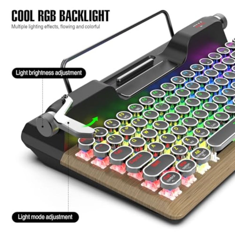 Retro mechanical typewriter keyboard for PC laptop phones, ABS plastic with blue switches, RGB backlit, 84 keys round keycaps, includes wrist rest - Image 4