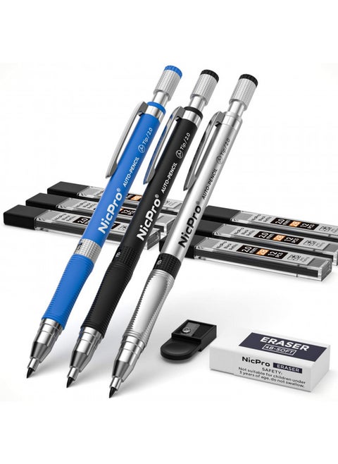 Nicpro 11 Pieces 2mm Mechanical Pencil Set, 3 PCS Carpenter Drafting Pencil 2.0 mm for Art Drawing Writing Sketching Construction with 6 Tube Pre-Sharpen HB & 2B Refill, Eraser, Sharpener