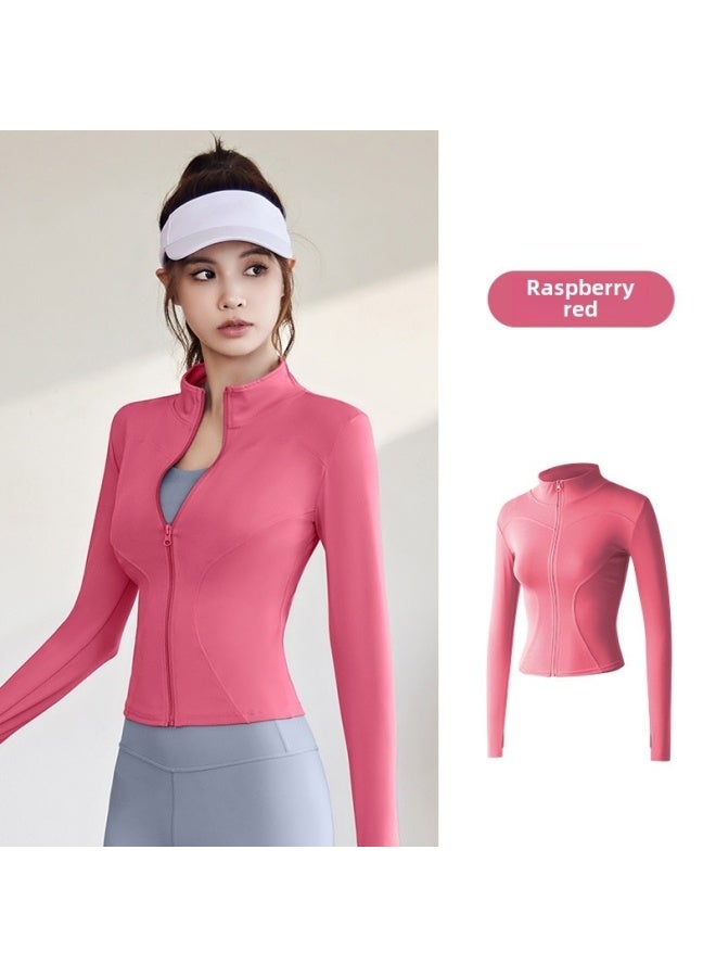 Raspberry Red Women's Spring Autumn Long Sleeve Sports Coat Tight Fit Fitness Yoga Jacket Top