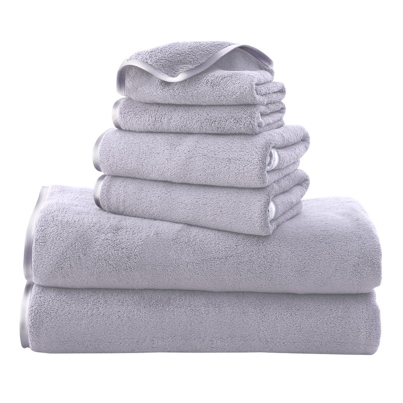 TENSTARS Luxury Silk Hemming Towel Set  Light Thin Quick Drying  2 Bath Towels 2 Hand Towels 2 Washcloths  Ultra Soft Microfiber Towel for Bath Fitness Sports Yoga Travel Light Grey 6 Pieces