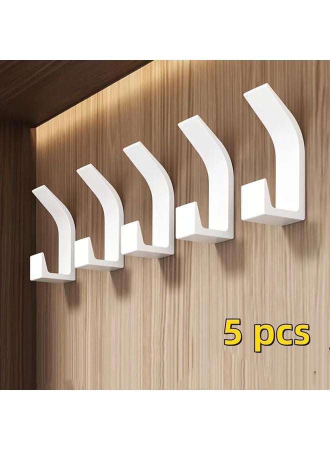 5pcs White Easy Install No Drill Wall Hooks Dual Hook for Towels Coats Keys - Image 1