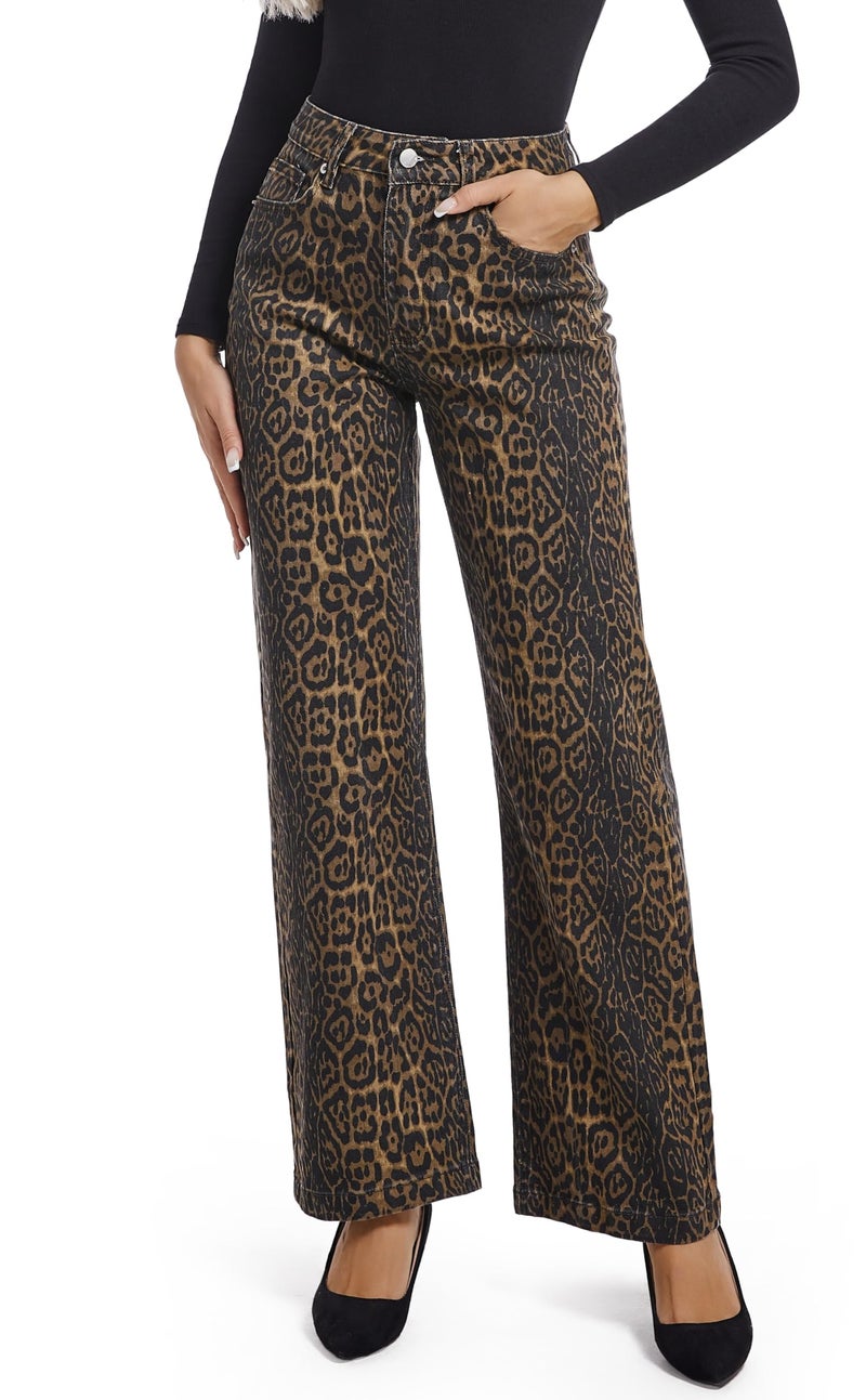 ETTELO Women's Jeans Straight Leg Casual High Waisted Stretch Trendy Leopard Pull On Jeans for Women - Image 1