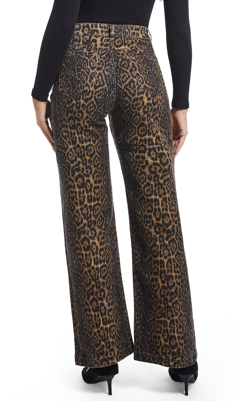 ETTELO Women's Jeans Straight Leg Casual High Waisted Stretch Trendy Leopard Pull On Jeans for Women - Image 3