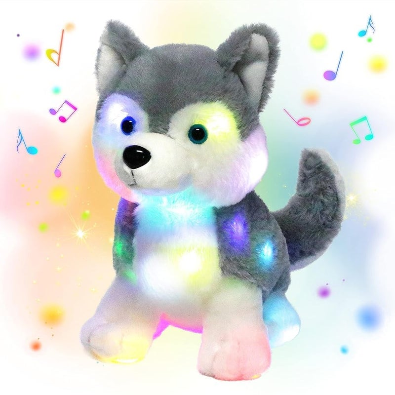 Hopearl LED Musical Stuffed Husky Lighting Up Singing Plush Dog Adjustable Volume Lullaby Animated Soothe Birthday Gifts for Kids Boys Girls Gray 12 - Image 3