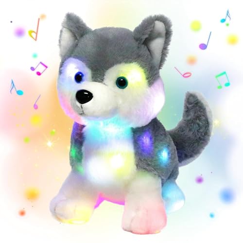Hopearl LED Musical Stuffed Husky Lighting Up Singing Plush Dog Adjustable Volume Lullaby Animated Soothe Birthday Gifts for Kids Boys Girls Gray 12 - Image 1