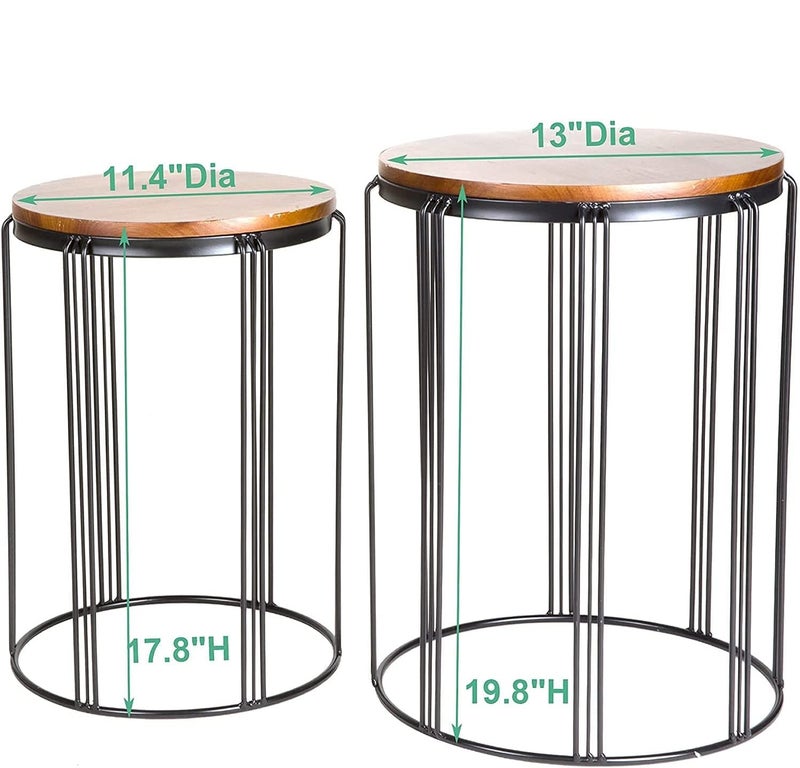 INDIAN DECOR INDIAN DECOR 45885 Patio Side End Plant Tables Outdoor Set of 2 Round Rustic Metal Wire Frame with Fir Wood Top Industrial Nesting Stacking Coffee Tables for Living Room Balcony Indoor Home Office  - Image 3