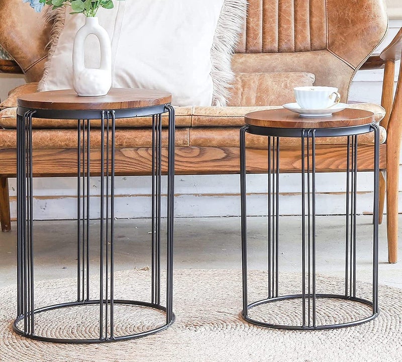 INDIAN DECOR INDIAN DECOR 45885 Patio Side End Plant Tables Outdoor Set of 2 Round Rustic Metal Wire Frame with Fir Wood Top Industrial Nesting Stacking Coffee Tables for Living Room Balcony Indoor Home Office  - Image 2