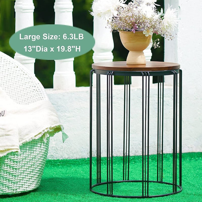 INDIAN DECOR INDIAN DECOR 45885 Patio Side End Plant Tables Outdoor Set of 2 Round Rustic Metal Wire Frame with Fir Wood Top Industrial Nesting Stacking Coffee Tables for Living Room Balcony Indoor Home Office  - Image 4