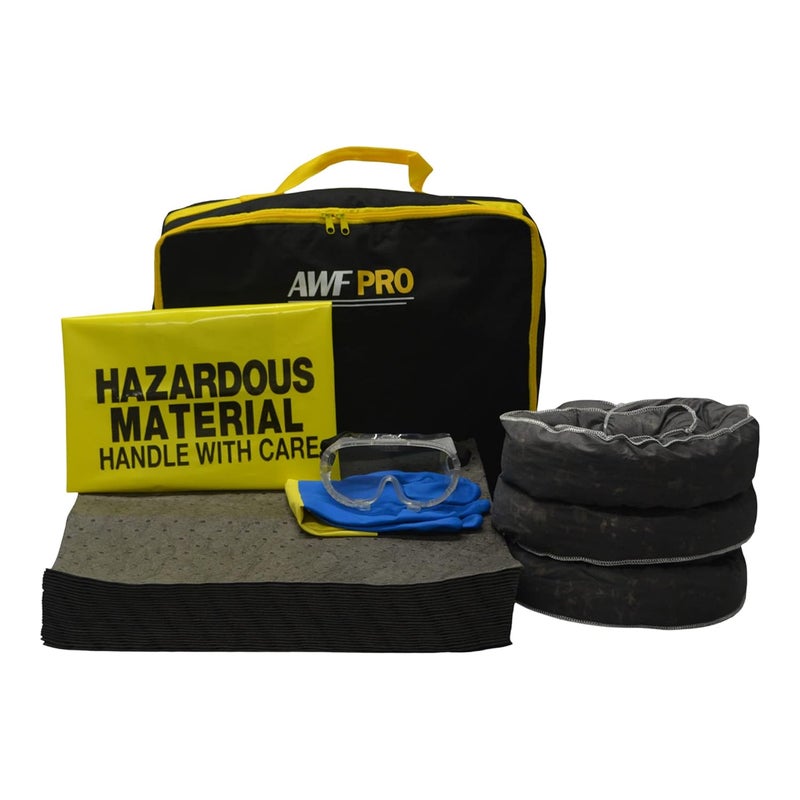 AWF PRO Store Portable Spill Kit, 35 Pieces. Perfect For Trucks, Cars and Homes. Packed in a Heavy Duty, Reusable Nylon Bag. Contains 25 Heavy Duty Sorbent Pads, 3 Sorbent Socks, 5 Disposal Bags, 1 Goggles & Gloves - Image 1