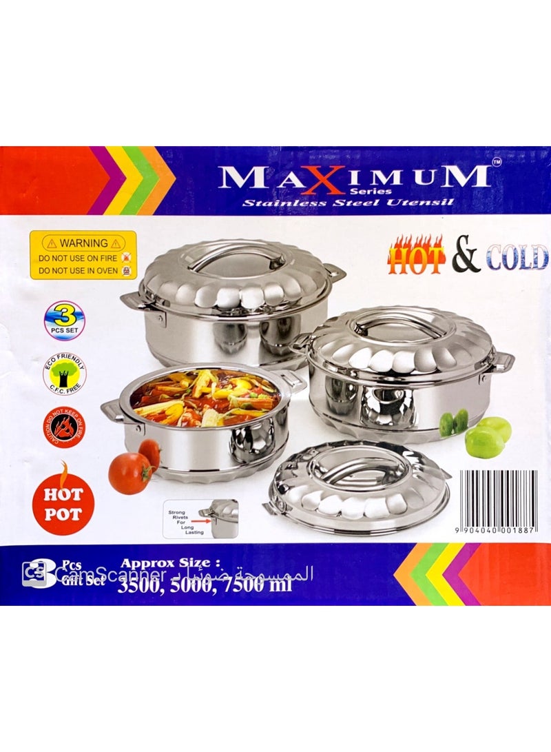طقم أواني طهي ساخنة فضي مكون من 3 قطع، أحجام صغيرة: 3500، 5000، 7500 مل