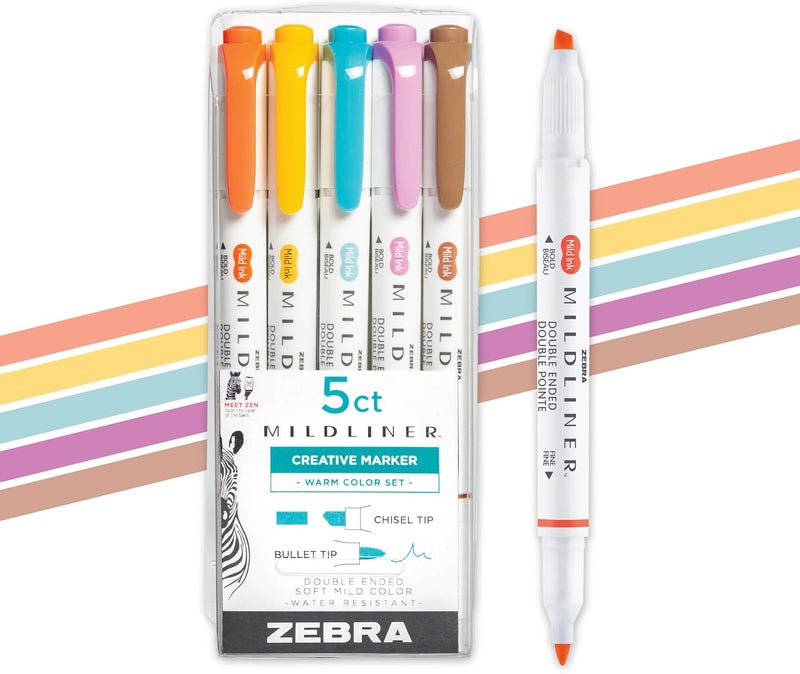 Zebra Pen Mildliner Dual-Tip Highlighter Set, Broad and Fine Point Tips, No Bleed, Ideal for Bible Highlighting, Journaling, Note-Taking and School Supplies, Assorted Warm Ink Colors, 5-Pack (78305) - Image 1