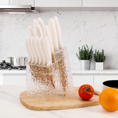 WopZra Kitchen Knife Set Non Stick Knives Set with Block Cutlery Knife Block Sets, Serrated Steak Knife, Scissors and Sharpener, 15Pcs Stainless Steel Chef Sharp Quality with Gold Blade for Home & Pro Use - Image 3