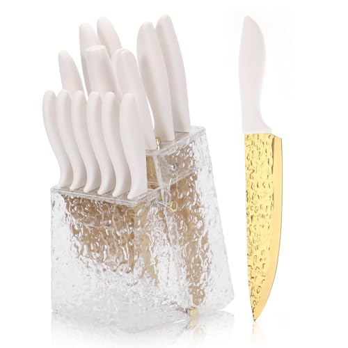 WopZra Kitchen Knife Set Non Stick Knives Set with Block Cutlery Knife Block Sets, Serrated Steak Knife, Scissors and Sharpener, 15Pcs Stainless Steel Chef Sharp Quality with Gold Blade for Home & Pro Use - Image 1
