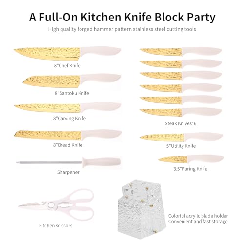 WopZra Kitchen Knife Set Non Stick Knives Set with Block Cutlery Knife Block Sets, Serrated Steak Knife, Scissors and Sharpener, 15Pcs Stainless Steel Chef Sharp Quality with Gold Blade for Home & Pro Use - Image 2