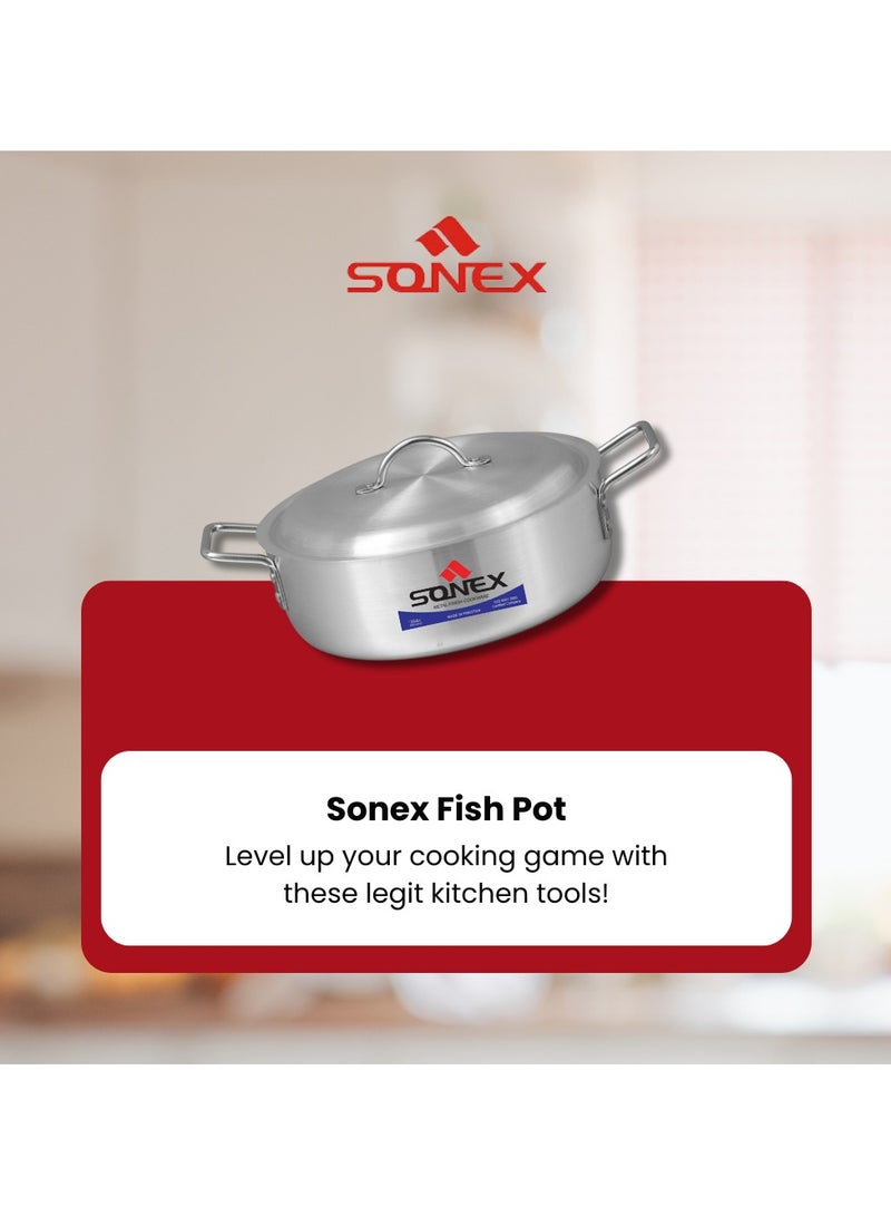 SONEX Sonex Fish Pot No.2 (23.5 cm & 3.5 Ltr), Shallow Cooking Pot With Lid, Premium Aluminum,Excellent Heat Distribution, Ergonomic Handles, Dishwasher Safe, Metal Finish, Silver  - Image 2