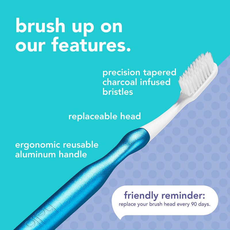 hello Manual Adult Toothbrush With Reusable Blue Modern Aluminum Handle & 4 Soft Replacement Heads, Bpa-free, 4 count - Image 4