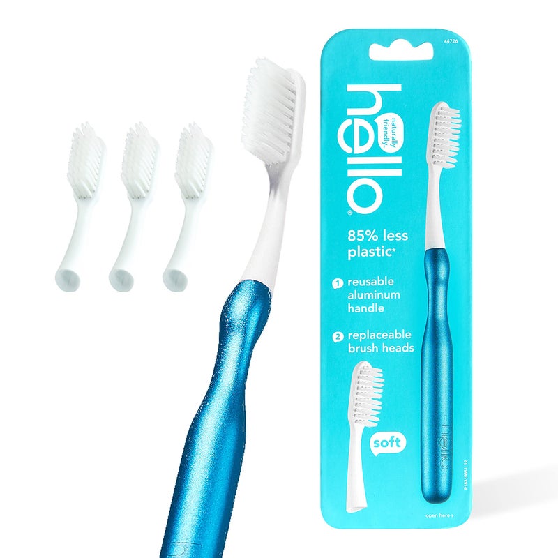 hello Manual Adult Toothbrush With Reusable Blue Modern Aluminum Handle & 4 Soft Replacement Heads, Bpa-free, 4 count - Image 1