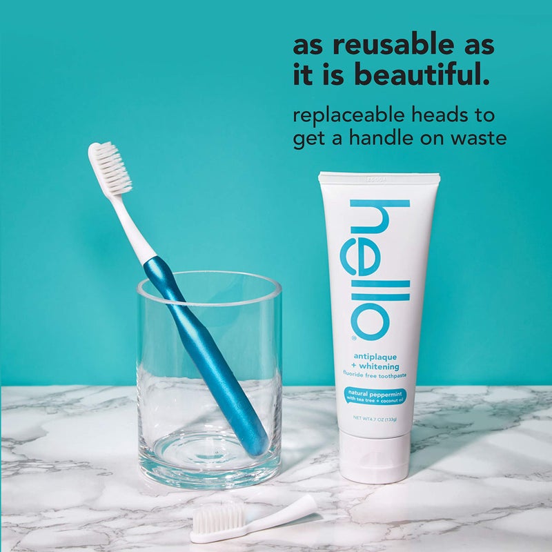 hello Manual Adult Toothbrush With Reusable Blue Modern Aluminum Handle & 4 Soft Replacement Heads, Bpa-free, 4 count - Image 3