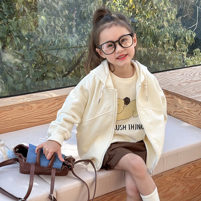 Kids Hooded Sweatshirt Jacket Spring 2024 Casual Solid Zip-Up Gray - Image 4